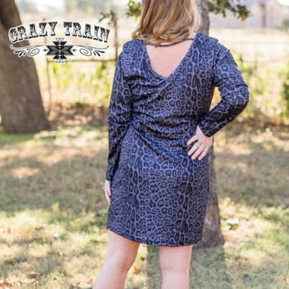 Crazy Train Western Black & Gray Leopard Longsleeve Midi Dress Strappy Back - Picture 10 of 10